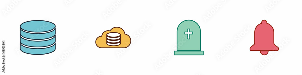 Set Database, Cloud database, Tombstone with cross and Ringing bell icon. Vector Set Database, Cloud database, Tombstone with cross and Ringing bell icon. Vector