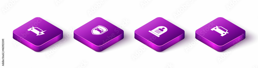 Set Isometric Electric car, Car protection or insurance, Tombstone with RIP written and icon. Vector Set Isometric Electric car, Car protection or insurance, Tombstone with RIP written and icon. Vector