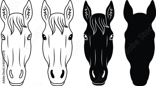 Horse Face / Head Front Clipart Set - Outline and Silhouette