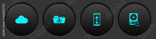 Set Music streaming service, Folder download, Flight mode the mobile and Hard disk drive with clockwise icon. Vector