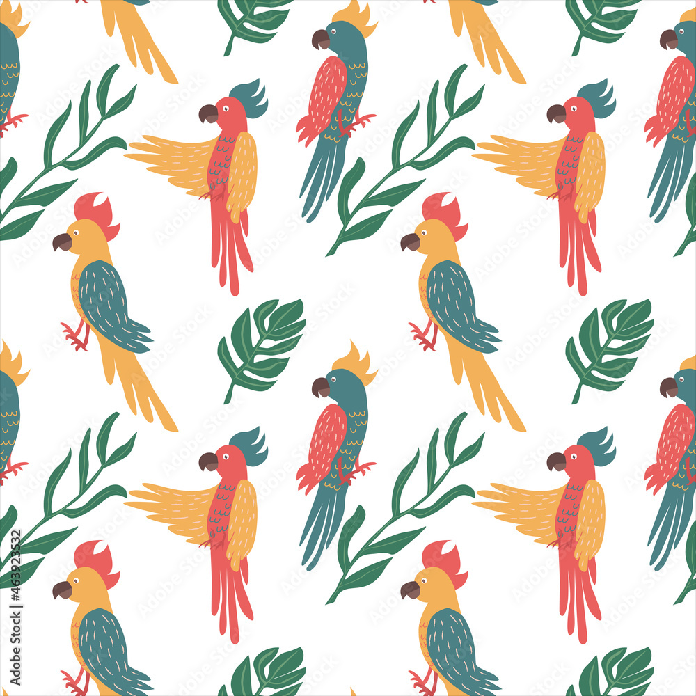 Obraz premium Exotic parrots seamless pattern. Tropical birds background. Isolated vector illustration.
