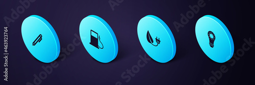 Set Isometric Solar energy panel, Electric saving plug in leaf, Petrol or Gas station and Pen icon. Vector
