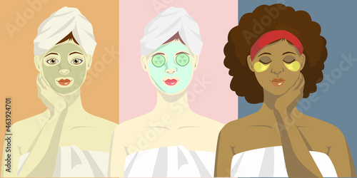 A set of illustrations of skincare products. Three women applying clay mask, cucumber mask, eye patches. Illustrations for beauty care guidelines, instructions, descriptions of products and procedures