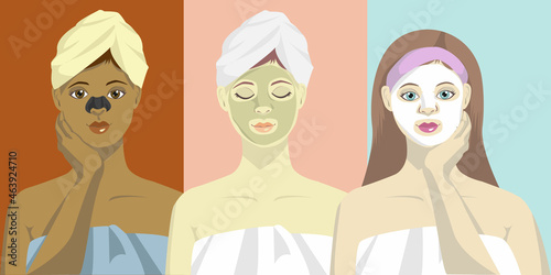 A set of illustrations. Three girls taking care of their skin. Clay mask, nose strip, sheet mask. A set of illustrations for skincare products, guidelines, instructions, descriptions.
