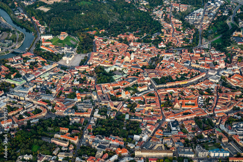 Scenic view on central part of Vilnius capital of Lithuania from hot air balloon. Old Town view from the sky