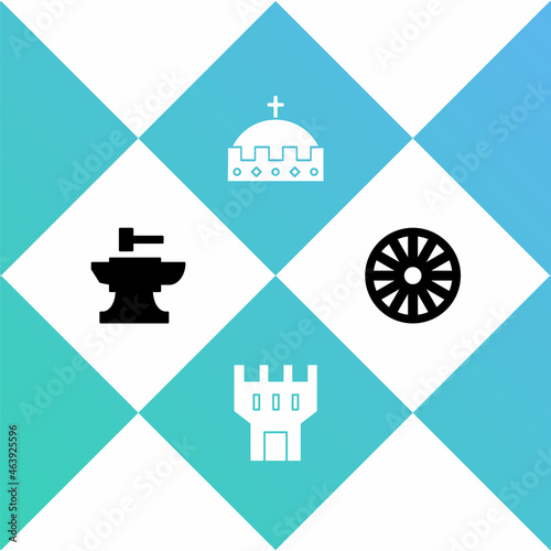 Set Anvil for blacksmithing hammer, Castle tower, King crown and Old wooden wheel icon. Vector