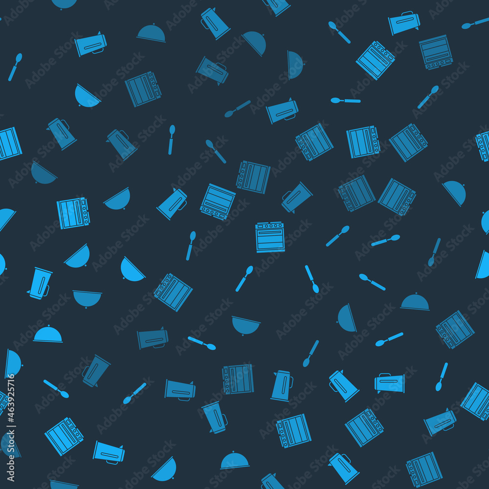 Set Kettle with handle, Spoon, Oven and Covered tray on seamless pattern. Vector