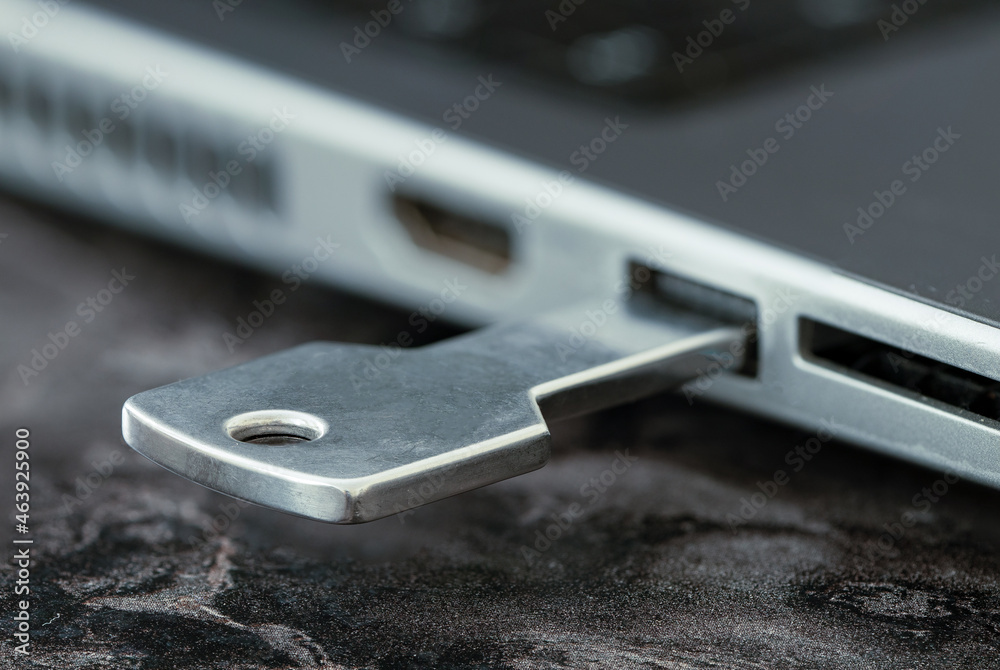 Key shaped flash disk pluged on laptop symbolizes securely investing in crypto currency in cold wallet technology. Key shaped flash disk pluged on laptop symbolizes securely investing in crypto currency in cold wallet technology.
