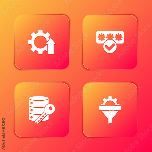 Set Arrow growth gear  Password protection  Server security with key and Sales funnel icon. Vector