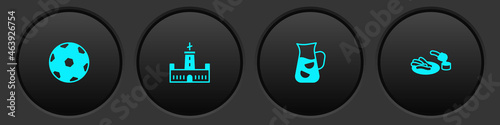 Set Football ball, Montjuic castle, Sangria and Churros and chocolate icon. Vector