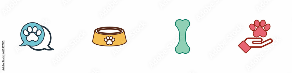 Set Paw print, Pet food bowl, Dog bone and Hands with animals footprint icon. Vector