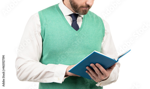 businessman reading notebook. successful ceo with notepad. cropped man planning his work photo