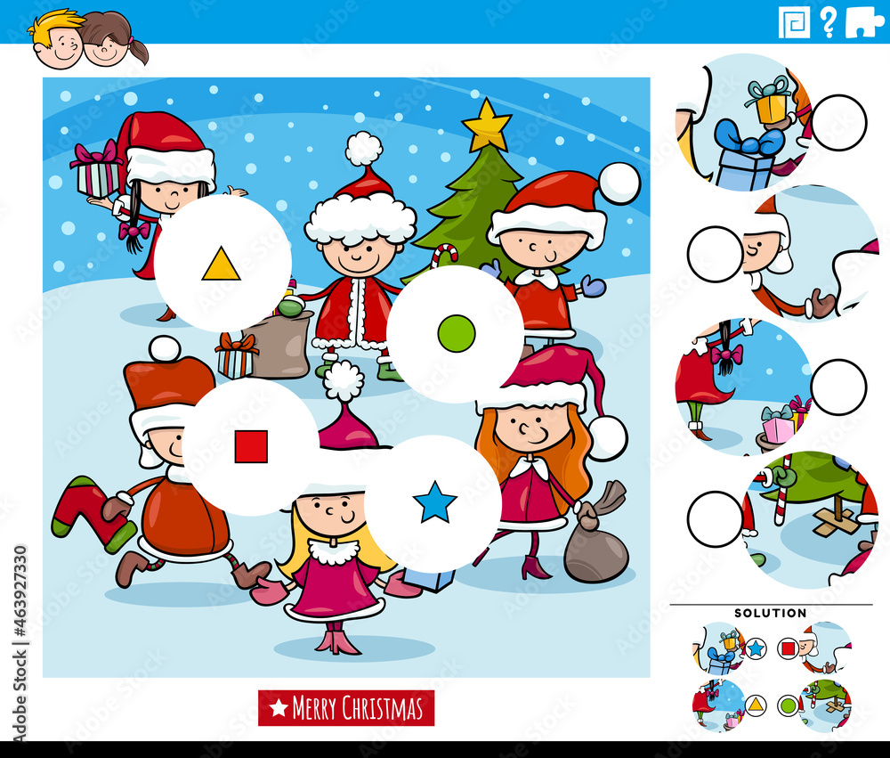 Fototapeta premium match pieces game with cartoon kids on Christmas time