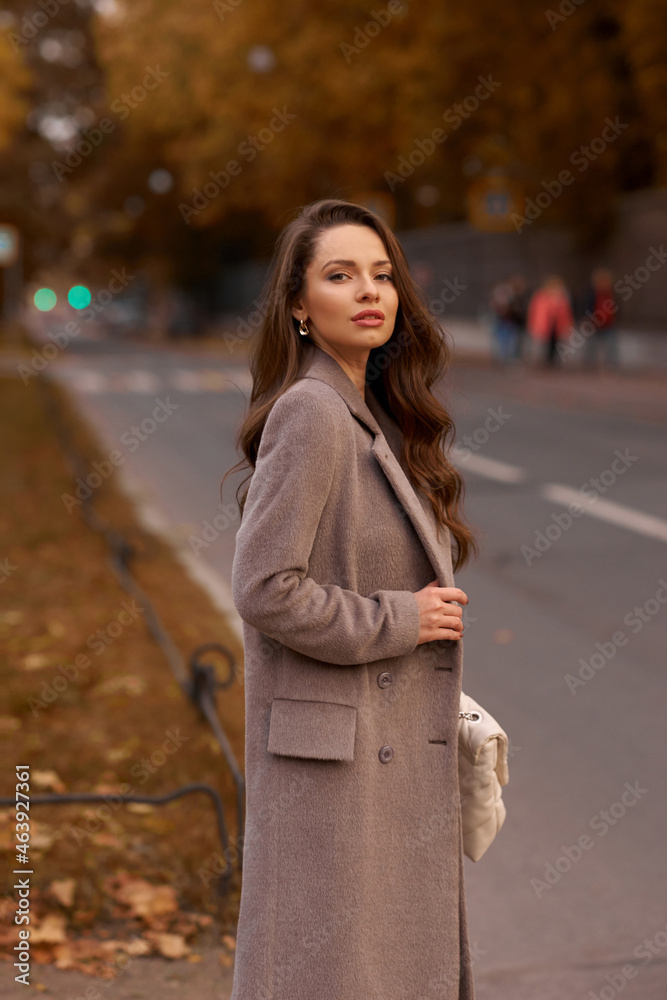 Fototapeta premium Elegant brunette woman with long wavy hair wearing grey wool coat, holding white handbag and walking at city street on autumn day. Portrait against yellow leaves