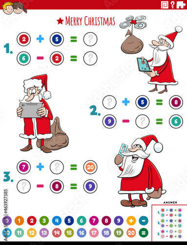 math addition and subtraction task with Santa Claus characters
