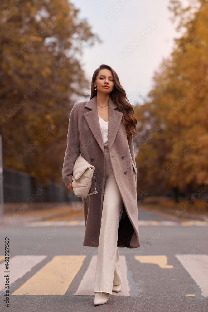 Elegant brunette woman with long wavy hair wearing grey wool coat, holding white handbag and walking at city street on autumn day. Portrait against yellow leaves