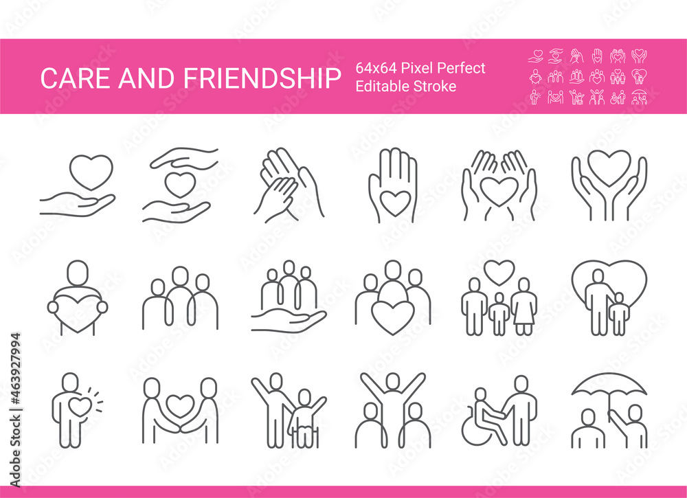 Icon set of care and friendship. Editable vector stroke. Pixel perfect.