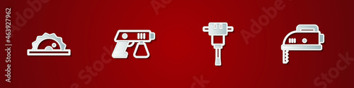 Set Electric circular saw, Paint spray gun, Construction jackhammer and jigsaw icon. Vector