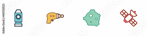 Set Rocket ship, Ray gun, Asteroid and Satellite icon. Vector