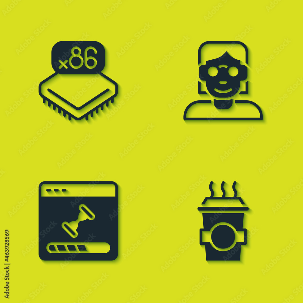 Set Processor with microcircuits CPU, Coffee cup to go, Loading data window and Hacker coder icon. Vector Set Processor with microcircuits CPU, Coffee cup to go, Loading data window and Hacker coder icon. Vector