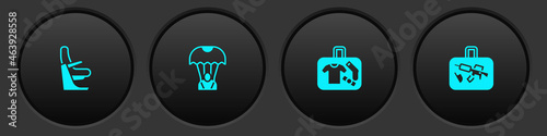 Set Airplane seat, Parachute, Suitcase and icon. Vector