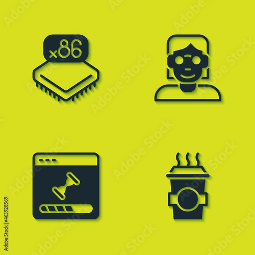 Set Processor with microcircuits CPU, Coffee cup to go, Loading data window and Hacker coder icon. Vector