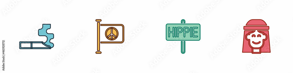 Set Cigarette, Flag peace, Peace and Hippie girl icon. Vector