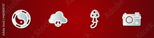 Set Yin Yang symbol, Peace cloud, Psilocybin mushroom and Photo camera icon. Vector