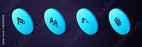 Set Isometric Coral, Fishing harpoon, Flippers for swimming and Flashlight diver icon. Vector