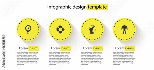 Set Gauge scale, Lifebuoy, Diving hood and Wetsuit for scuba diving. Business infographic template. Vector