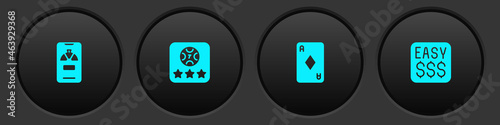 Set Lucky wheel on phone, Online poker table game, Playing card with diamonds and Money prize casino icon. Vector