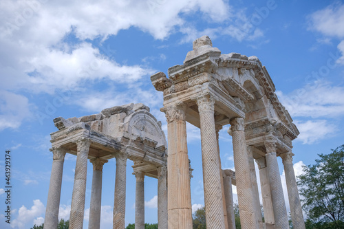 Afrodisias (Aphrodisias) Ancient city in Karacasu - Aydin, Turkey. Tetrapylon Gate of Aphrodisias ancient city. The most famous of cities called Aphrodisias.