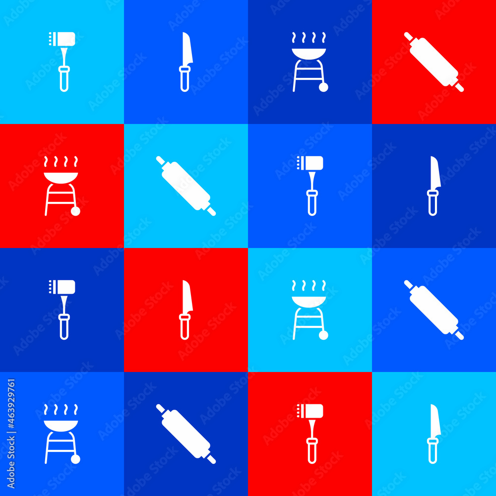 Set Kitchen hammer, Knife, Barbecue grill and Rolling pin icon. Vector Set Kitchen hammer, Knife, Barbecue grill and Rolling pin icon. Vector
