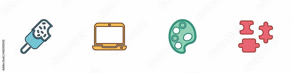 Set Ice cream, Laptop, Palette and Puzzle pieces toy icon. Vector Set Ice cream, Laptop, Palette and Puzzle pieces toy icon. Vector