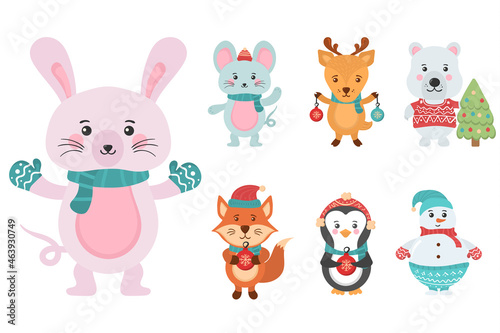 Set of Christmas cute animals, snowmen character.