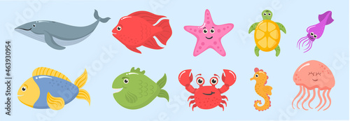 Set ocean animals, underwater creatures, sea fish.