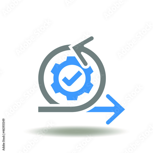 Vector illustration of arrows round cycle process with gear and check mark. Symbol of agile development methodology. Icon of scrum cycle developing.