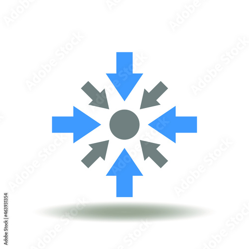Vector illustration of arrows located around circle and directed inward. Symbol of reduction. Icon of reduce or decrease.