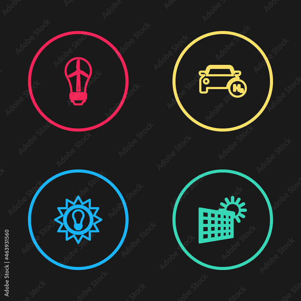Set line Solar energy panel, and sun, Hydrogen car and Light bulb with wind turbine icon. Vector