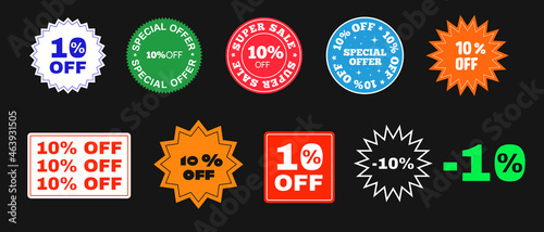 Set of 10% Off Sticker, Patch, Pin Icons Vector Design. Special Offer Badge Elements. Cool Trendy Promo Sale Price Tag. Discount promotion.