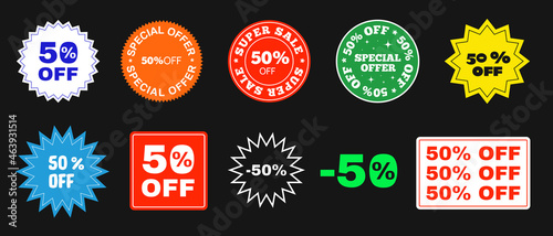 Set of 50% Off Sticker, Patch, Pin Icons Vector Design. Special Offer Badge Elements. Cool Trendy Promo Sale Price Tag. Discount promotion.