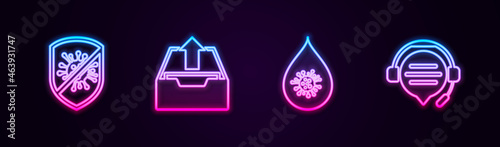 Set line Stop virus, bacteria, Upload inbox, Dirty water drop and Headphones with speech bubble chat. Glowing neon icon. Vector