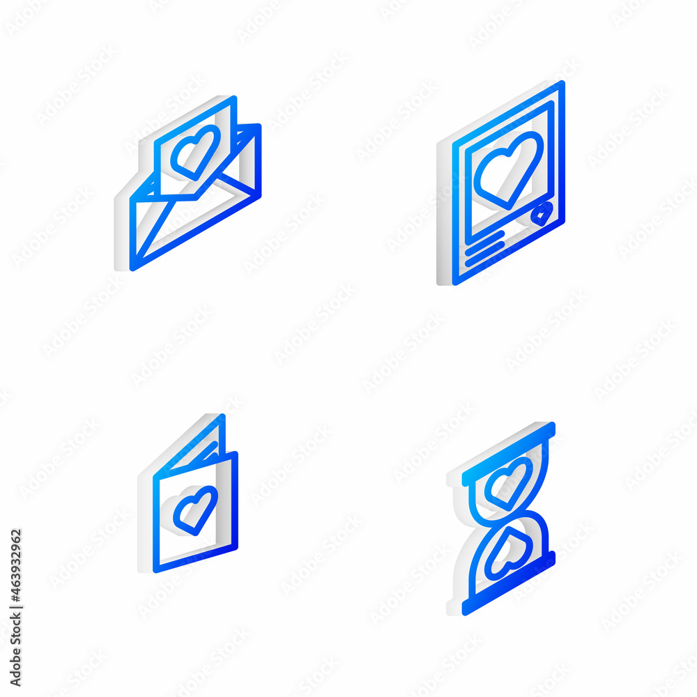 Set Isometric line Photo frames and hearts, Envelope with Valentine, Valentines day flyer and Heart the center hourglass icon. Vector Set Isometric line Photo frames and hearts, Envelope with Valentine, Valentines day flyer and Heart the center hourglass icon. Vector