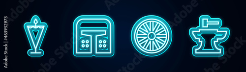 Set line Medieval flag, iron helmet, Old wooden wheel and Anvil for blacksmithing hammer. Glowing neon icon. Vector