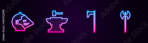 Set line Medieval iron helmet, Anvil for blacksmithing hammer, axe and . Glowing neon icon. Vector