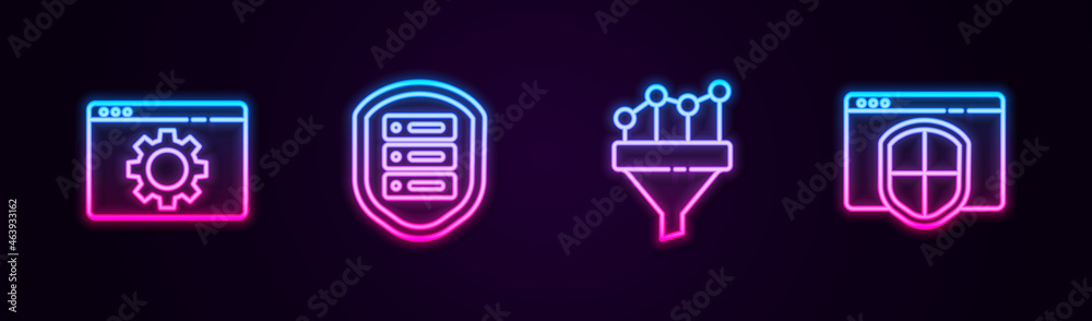 Set line Browser setting, Server with shield, Sales funnel chart and . Glowing neon icon. Vector Set line Browser setting, Server with shield, Sales funnel chart and . Glowing neon icon. Vector
