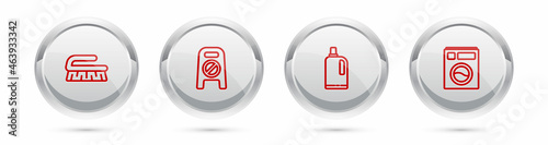 Set line Brush for cleaning, Wet floor and progress, Fabric softener and Washer. Silver circle button. Vector