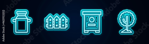 Set line Can container for milk, Garden fence wooden, Hive bees and Tree. Glowing neon icon. Vector
