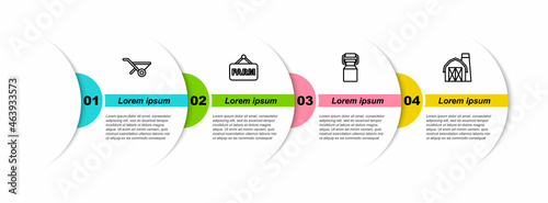 Set line Wheelbarrow, Signboard with text Farm, Can container for milk and house. Business infographic template. Vector