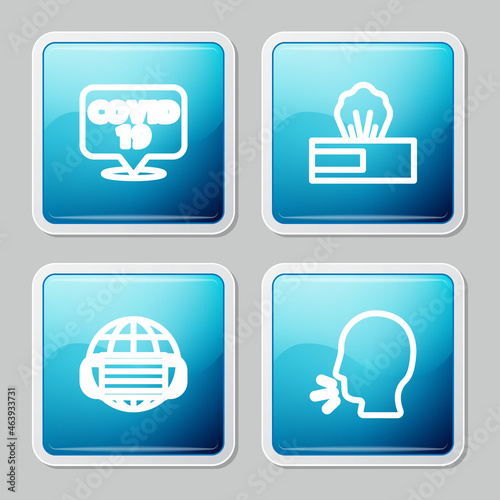Set line Corona virus on location, Wet wipe pack, Earth with medical mask and Man coughing icon. Vector